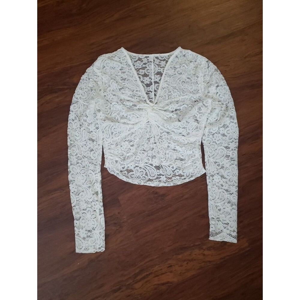 Lisa Says Gah Cream Lace Twist-Front Long Sleeve Top Romantic Fairy Festival - Picture 2 of 7